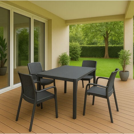 Dmora - Set salotto da esterno Sover, Salottino outdoor e indoor, Tavolo rettangolare fisso con 4 sedie impilabili, Made in Italy, Antracite
