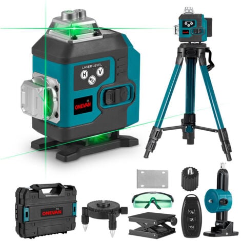 Livella Laser Verde 4x360°, Strumento Laser Autolivellante a Croce 4D a 16 Linee, Campo di Lavoro 25 m, Con Treppiede da 1 m e Telecomando, con 2 Batterie + 1 Caricabatterie