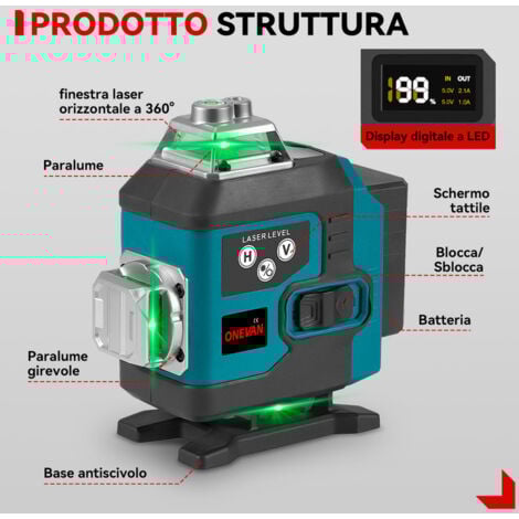 Livella Laser Verde 4x360°, Strumento Laser Autolivellante a Croce 4D a 16 Linee, Campo di Lavoro 25 m, Con Treppiede da 1 m e Telecomando, con 2 Batterie + 1 Caricabatterie