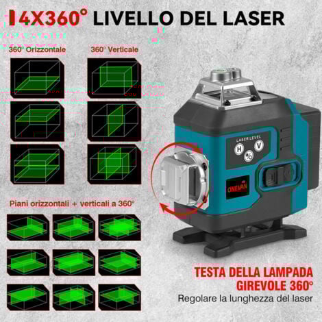 Livella Laser Verde 4x360°, Strumento Laser Autolivellante a Croce 4D a 16 Linee, Campo di Lavoro 25 m, Con Treppiede da 1 m e Telecomando, con 2 Batterie + 1 Caricabatterie