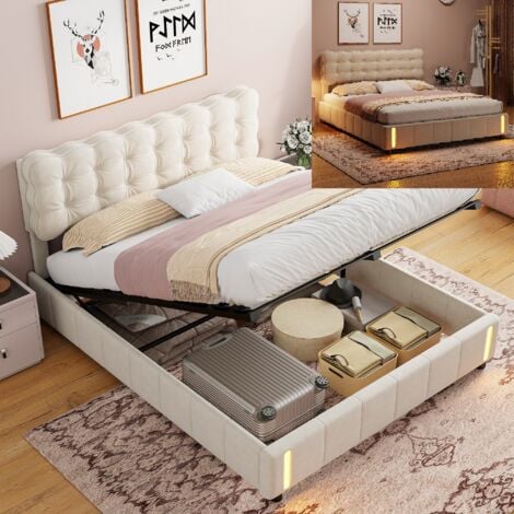 Letto contenitore 140x200cm - matrimoniale in tessuto velluto con rete a doghe, sensore di luce calda all'estremità - beige