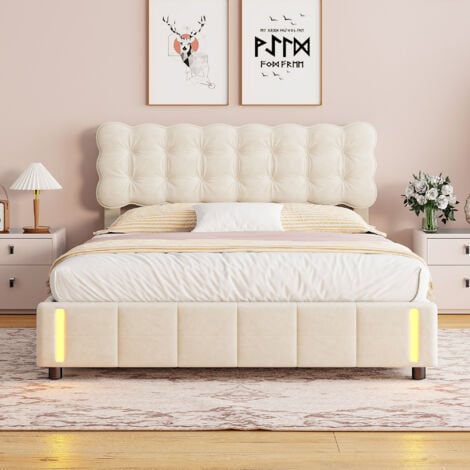 Letto contenitore 140x200cm - matrimoniale in tessuto velluto con rete a doghe, sensore di luce calda all'estremità - beige