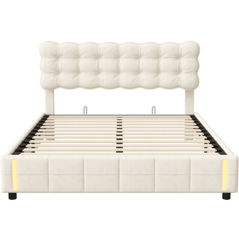 Letto contenitore 140x200cm - matrimoniale in tessuto velluto con rete a doghe, sensore di luce calda all'estremità - beige