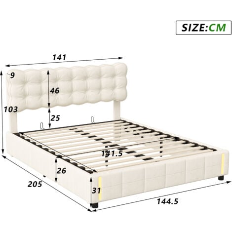 Letto contenitore 140x200cm - matrimoniale in tessuto velluto con rete a doghe, sensore di luce calda all'estremità - beige