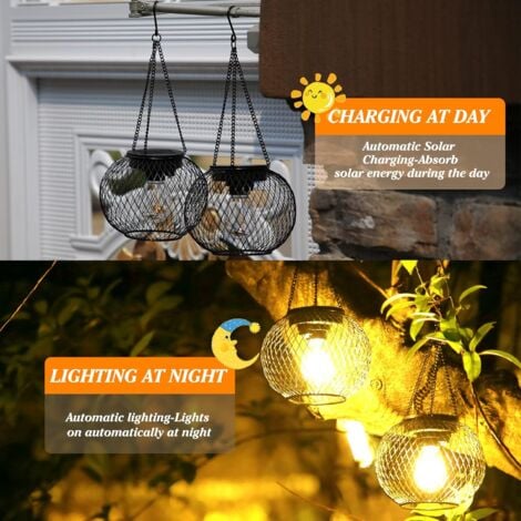 Lanterna solare da giardino per esterni, lampada solare da esterno, 2 luci solari da giardino sospese in metallo IP65, lanterna solare da giardino, decorazione per esterni, per cortile, balcone, regal