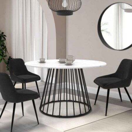 Tavolo da pranzo rotondo YUNA 6 persone con piano in marmo bianco ALASKA e gamba in filo metallico nero 110 cm