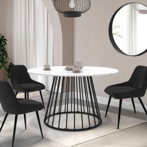 Tavolo da pranzo rotondo YUNA 6 persone con piano in marmo bianco ALASKA e gamba in filo metallico nero 110 cm