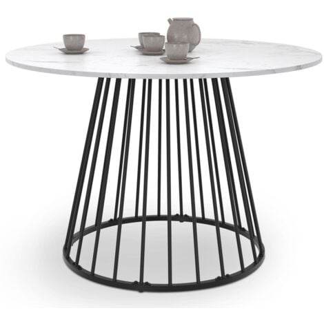 Tavolo da pranzo rotondo YUNA 6 persone con piano in marmo bianco ALASKA e gamba in filo metallico nero 110 cm