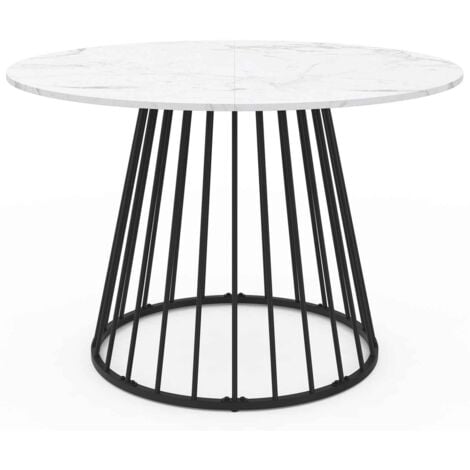 Tavolo da pranzo rotondo YUNA 6 persone con piano in marmo bianco ALASKA e gamba in filo metallico nero 110 cm