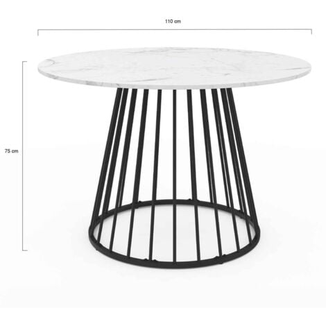 Tavolo da pranzo rotondo YUNA 6 persone con piano in marmo bianco ALASKA e gamba in filo metallico nero 110 cm