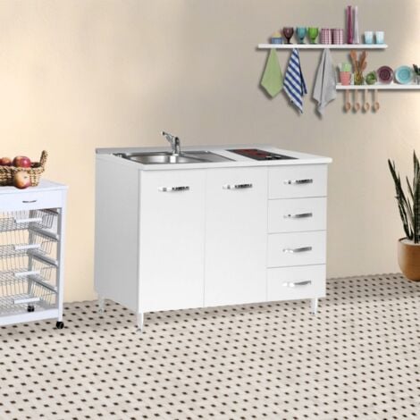 Cucinino con lavello e piano cottura in vetroceramica 3 cassetti colore bianco larice 120x60x85H cm - Miniki