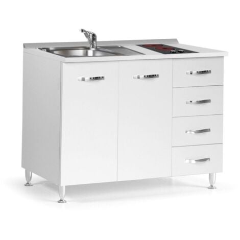 Cucinino con lavello e piano cottura in vetroceramica 3 cassetti colore bianco larice 120x60x85H cm - Miniki
