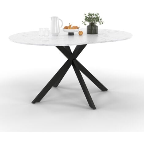Tavolo da pranzo rotondo allungabile ALIX, 4-8 persone, gamba a ragno in metallo nero, piano effetto marmo ALASKA, 110-150 cm
