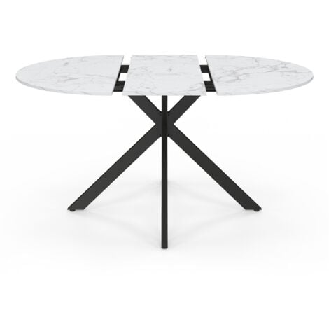 Tavolo da pranzo rotondo allungabile ALIX, 4-8 persone, gamba a ragno in metallo nero, piano effetto marmo ALASKA, 110-150 cm