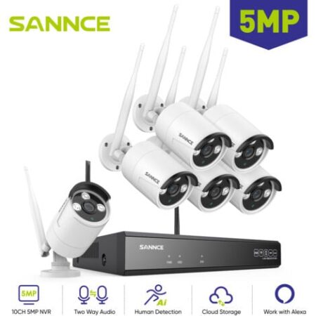 SANNCE Kit di videosorveglianza 5MP WiFi 6Telecamere Citofono Bidirezionale Monitoraggio Remoto Sistema di Sicurezza Videosorveglianza senza fili - 0TB HDD