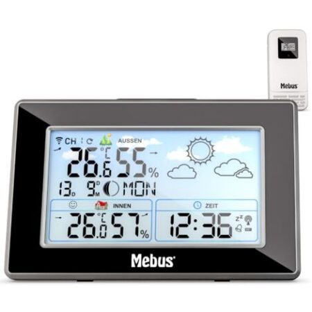 MEBUS Stazione meteo radiocomandata con sensore esterno, termometro/igrometro, orologio radio, indicatore di benessere valutato clima ambiente, previsioni meteo, calendario lunare, sveglia, colore: