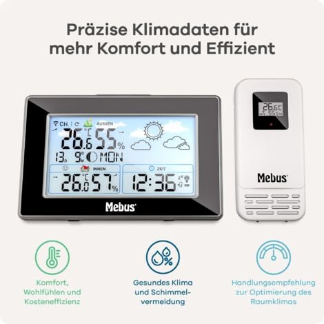 MEBUS Stazione meteo radiocomandata con sensore esterno, termometro/igrometro, orologio radio, indicatore di benessere valutato clima ambiente, previsioni meteo, calendario lunare, sveglia, colore:
