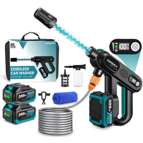 Idropulitrici elettriche Pistola ad acqua con tubo a spirale per da 115 bar - Set con accessori + 2 batterie + asciugamano per autolavaggio + sacchetto per imballaggio fine