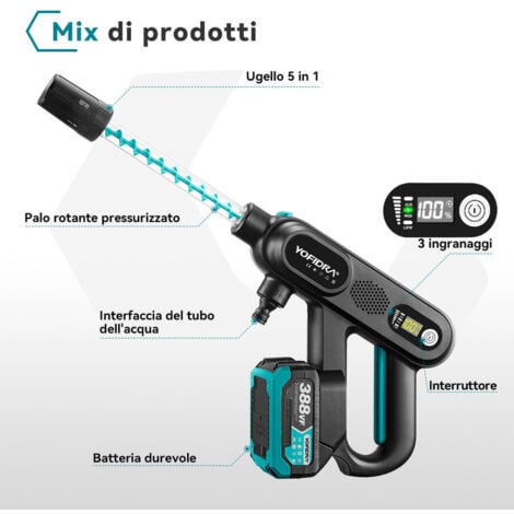 Idropulitrici elettriche Pistola ad acqua con tubo a spirale per da 115 bar - Set con accessori + 2 batterie + asciugamano per autolavaggio + sacchetto per imballaggio fine