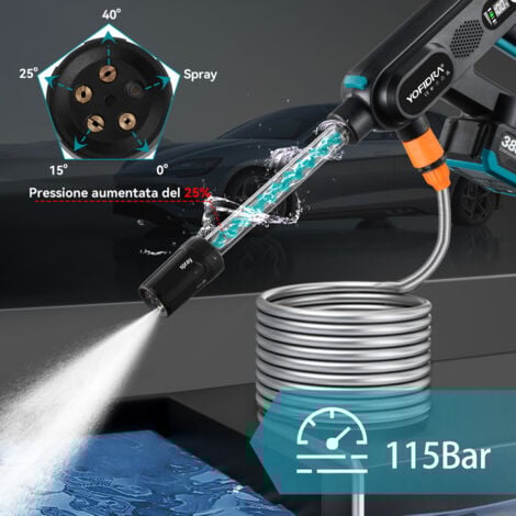 Idropulitrici elettriche Pistola ad acqua con tubo a spirale per da 115 bar - Set con accessori + 2 batterie + asciugamano per autolavaggio + sacchetto per imballaggio fine
