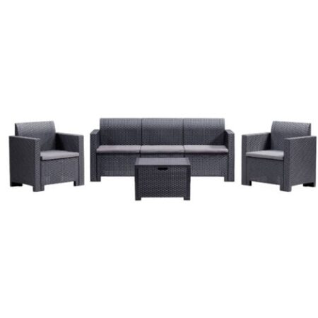 Set salotto da giardino 5 posti BICA Nebraska 3 antracite in polipropilene effetto rattan con divano 3 posti, poltrone, tavolino e cuscini inclusi
