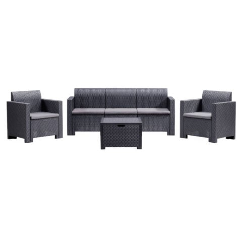 Set salotto da giardino 5 posti BICA Nebraska 3 antracite in polipropilene effetto rattan con divano 3 posti, poltrone, tavolino e cuscini inclusi