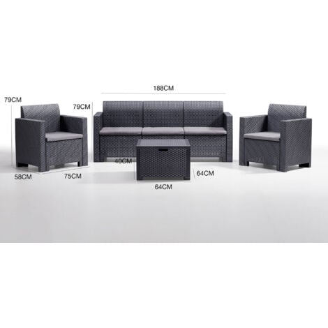 Set salotto da giardino 5 posti BICA Nebraska 3 antracite in polipropilene effetto rattan con divano 3 posti, poltrone, tavolino e cuscini inclusi