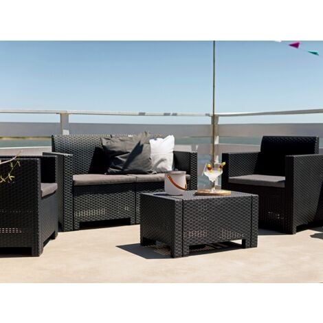 Set salotto da giardino 5 posti BICA Nebraska 3 antracite in polipropilene effetto rattan con divano 3 posti, poltrone, tavolino e cuscini inclusi