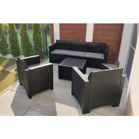 Set salotto da giardino 5 posti BICA Nebraska 3 antracite in polipropilene effetto rattan con divano 3 posti, poltrone, tavolino e cuscini inclusi