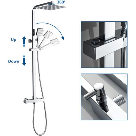 Auralum Colonna Doccia con Miscelatore Termostatico, Sistema Doccia Antiscottatura, Set Doccia con Soffione a 25cm Pioggia e 8.3cm Doccetta, Altezza Regolabile 80-120 cm