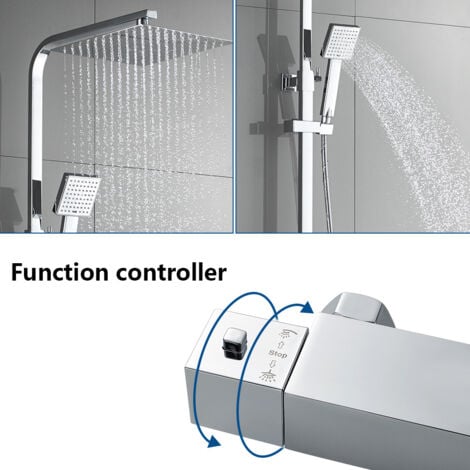 Auralum Colonna Doccia con Miscelatore Termostatico, Sistema Doccia Antiscottatura, Set Doccia con Soffione a 25cm Pioggia e 8.3cm Doccetta, Altezza Regolabile 80-120 cm