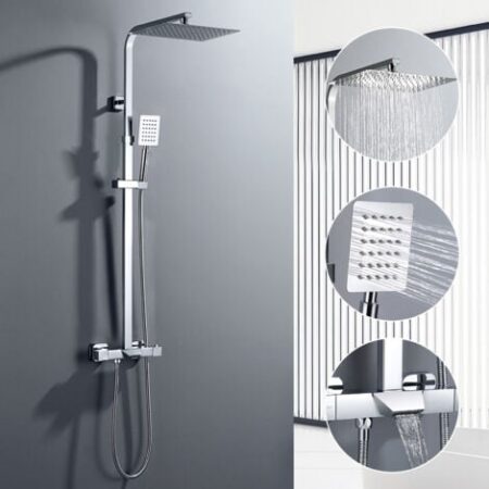 Pannello doccia con miscelatore termostatico, altezza regolabile 98-129 cm, set doccia in acciaio inox, soffione alto 30x20 cm