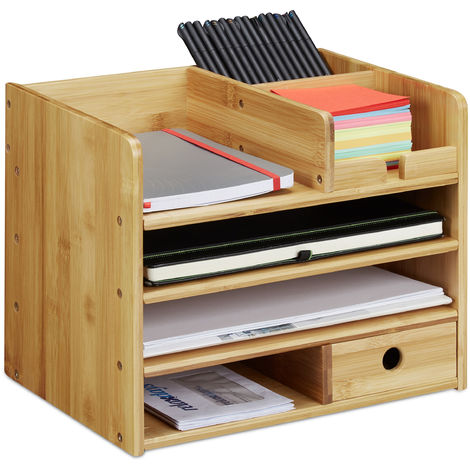 Relaxdays Portaoggetti da Scrivania, Portalettere A4, Desk Organizer per Penne e Blocco Appunti, Organizzatore, Bambù