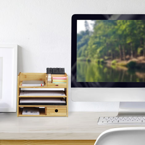 Relaxdays Portaoggetti da Scrivania, Portalettere A4, Desk Organizer per Penne e Blocco Appunti, Organizzatore, Bambù