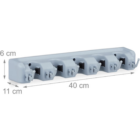 Relaxdays Porta Scopa & Attrezzi, 5 Posti e 6 Ganci, Appendini da Esterno & Interno Universali, a Muro,40 cm, PP, grigio