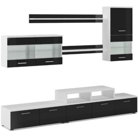 Skraut Home - Mobili TV Parete da Soggiorno e pranzo contemporaneo con illuminazione a LED, Bianco Mate e Nero Laccato, dimensioni: 250 x 194 x 42 cm di profondità.