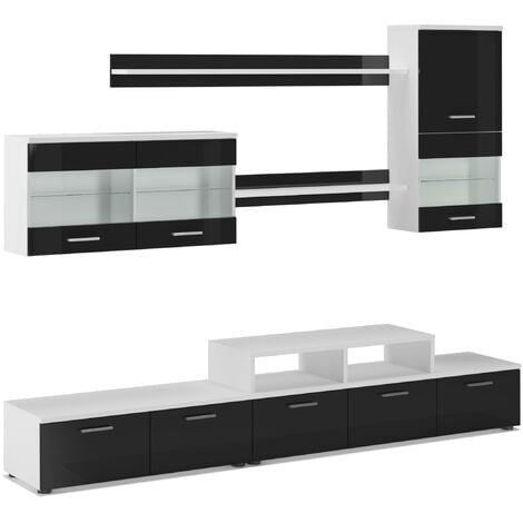 Skraut Home - Mobili TV Parete da Soggiorno e pranzo contemporaneo con illuminazione a LED, Bianco Mate e Nero Laccato, dimensioni: 250 x 194 x 42 cm di profondità.