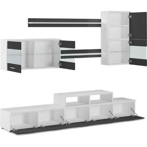 Skraut Home - Mobili TV Parete da Soggiorno e pranzo contemporaneo con illuminazione a LED, Bianco Mate e Nero Laccato, dimensioni: 250 x 194 x 42 cm di profondità.