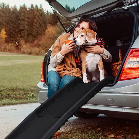 Relaxdays Rampa da Auto per Cani, Pieghevole, Antiscivolo, Pedana per Bagagliaio, max.90 kg, Plastica, 156x40 cm, Nero