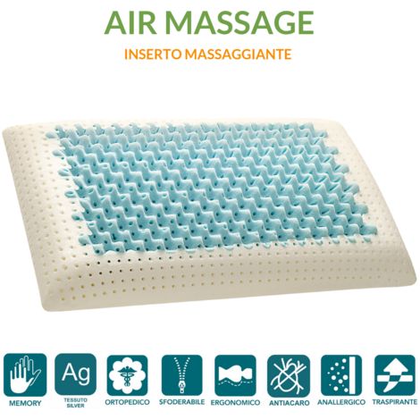 EVERGREENWEB - Cuscino Memory Foam 40x70 alto 12 cm, Modello Saponetta AIR MASSAGE Doppia Fodera Silver e Cotone NATURALE Lavabile, Guanciale Letto per CERVICALE, Traspirante Termosensibile Antiacaro