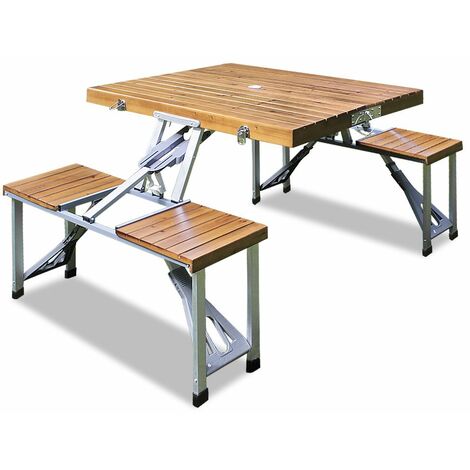 Deuba Tavolo da campeggio a valigetta pieghevole piano tavolo in legno con sedie picnic giardino esterno mare spiaggia