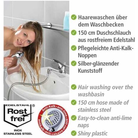 WENKO Doccetta per lavabo, rubinetto doccetta, L150 cm, adattatore easy clip incluso, acciaio, 170x3,5x6,5 cm, cromato
