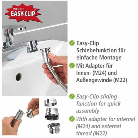 WENKO Doccetta per lavabo, rubinetto doccetta, L150 cm, adattatore easy clip incluso, acciaio, 170x3,5x6,5 cm, cromato