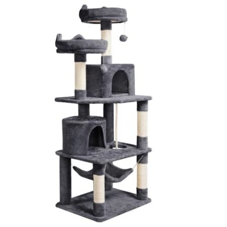 Yaheetech Tiragraffi Albero per Gatti Adulti 61 x 49 x 158 cm con Giocattolo per Gatto 2 Palle Cuccia Graffiatoio in Corda Sisal Naturale Scuro Grigio