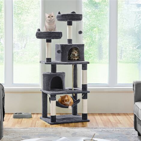 Yaheetech Tiragraffi Albero per Gatti Adulti 61 x 49 x 158 cm con Giocattolo per Gatto 2 Palle Cuccia Graffiatoio in Corda Sisal Naturale Scuro Grigio