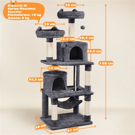 Yaheetech Tiragraffi Albero per Gatti Adulti 61 x 49 x 158 cm con Giocattolo per Gatto 2 Palle Cuccia Graffiatoio in Corda Sisal Naturale Scuro Grigio