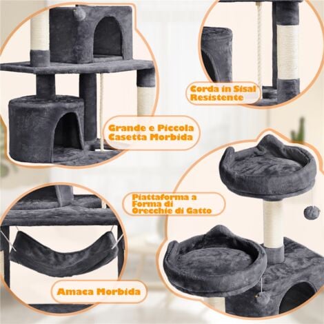 Yaheetech Tiragraffi Albero per Gatti Adulti 61 x 49 x 158 cm con Giocattolo per Gatto 2 Palle Cuccia Graffiatoio in Corda Sisal Naturale Scuro Grigio