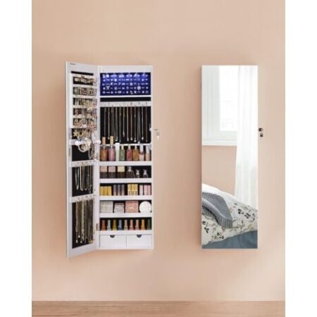 Armadio Portagioielli da Parete con Specchio Senza Cornice, Organizzatore per Gioielli con 6 Luci a LED da Porta o Muro, Grande Capacità con 2 Cassetti, Bianco