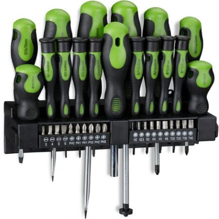 Relaxdays Set da 37 Cacciaviti Professionali, XXL, Inserti, Giraviti a Croce e a Taglio, Supporto a Parete, Nero/Verde