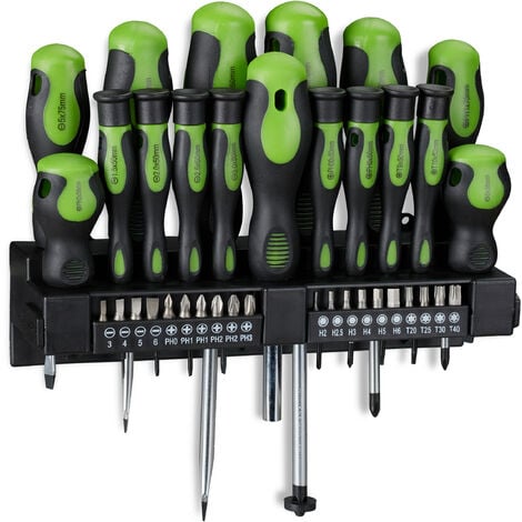 Relaxdays Set da 37 Cacciaviti Professionali, XXL, Inserti, Giraviti a Croce e a Taglio, Supporto a Parete, Nero/Verde